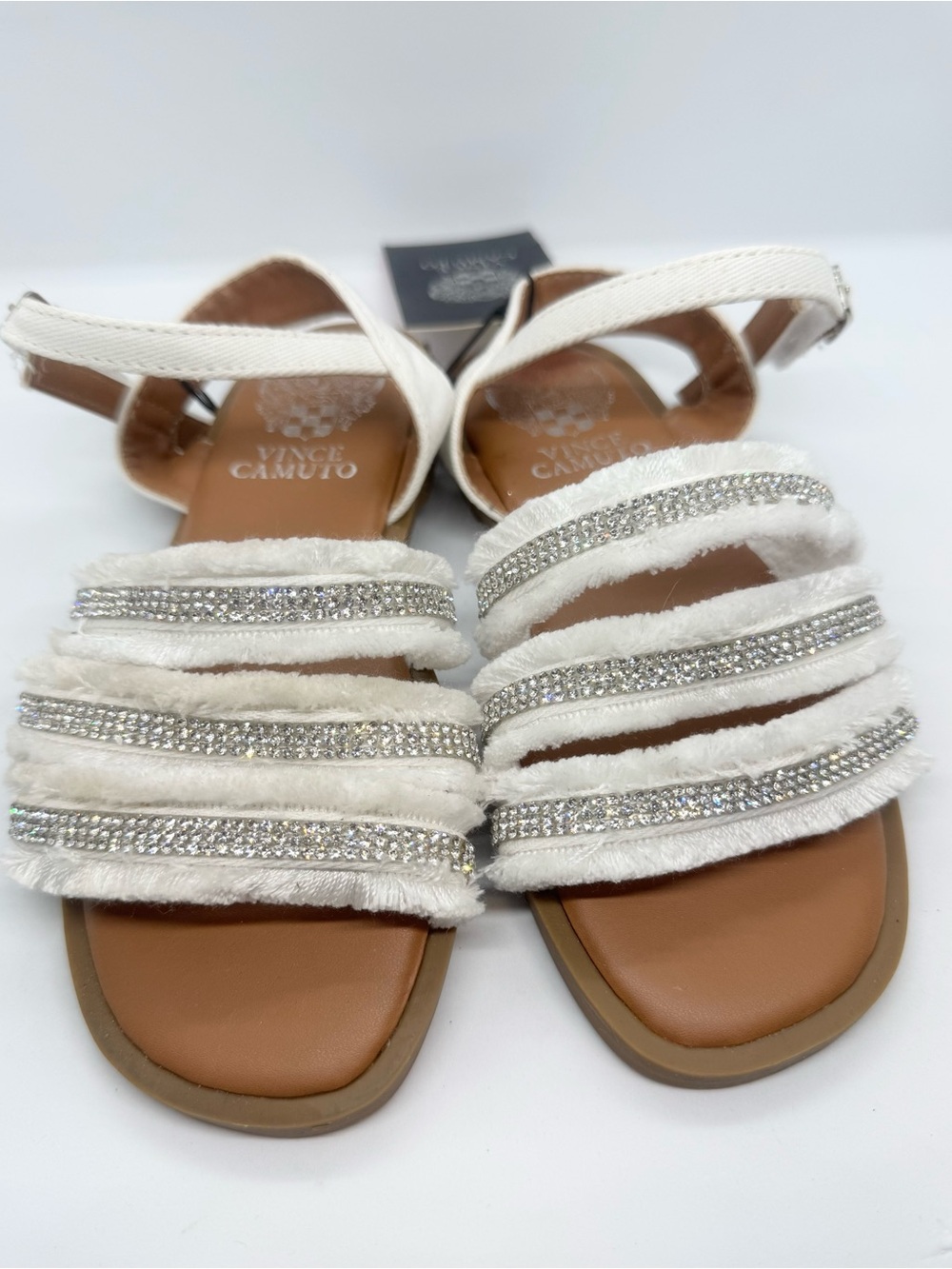 Vince Camuto White Rhinestone-Trim Ankle Strap Sandals